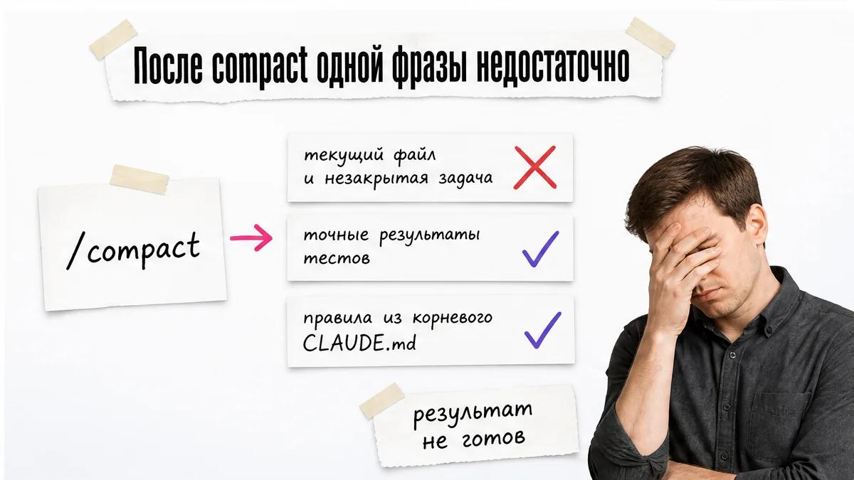 Мужчина закрывает лицо рядом с чек-листом ошибок после compact.