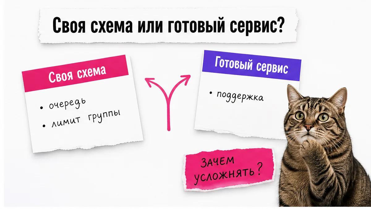 Кот сравнивает свою схему записи с готовым сервисом на двух карточках