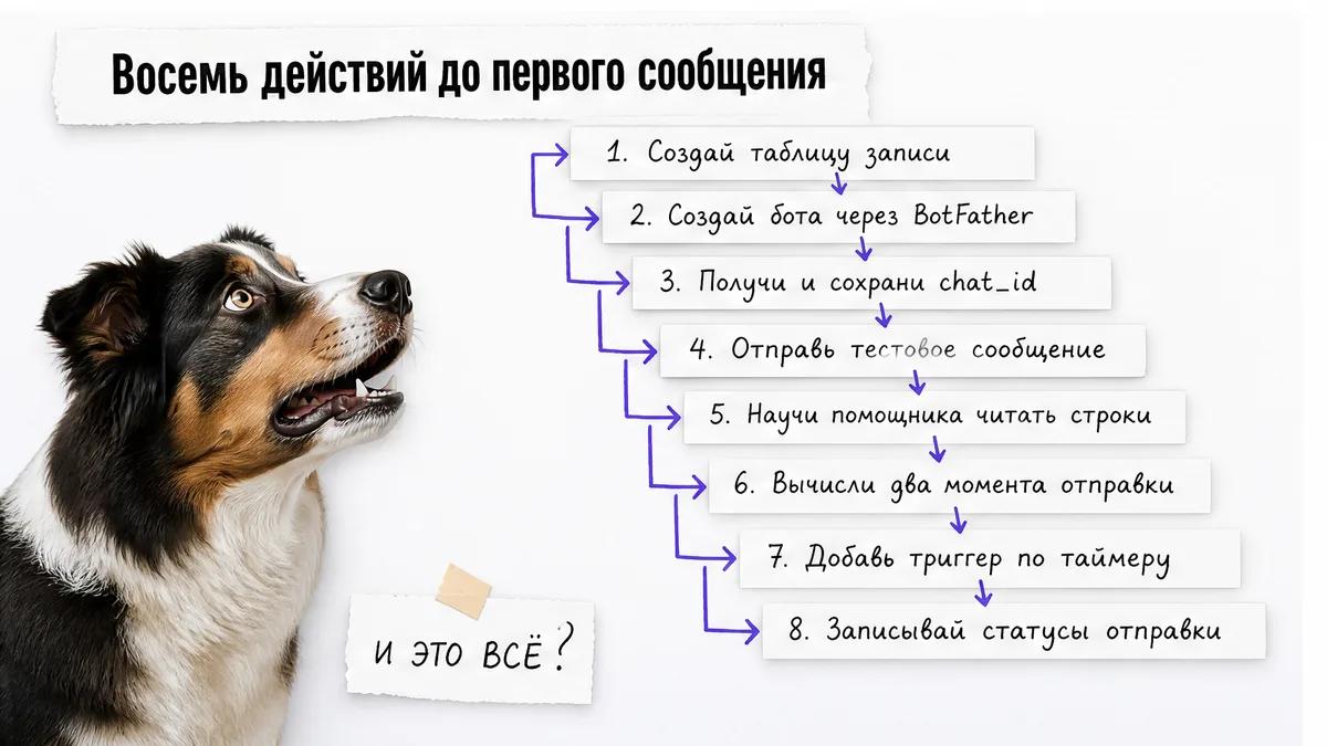 Собака наблюдает за восемью шагами настройки напоминаний в Telegram