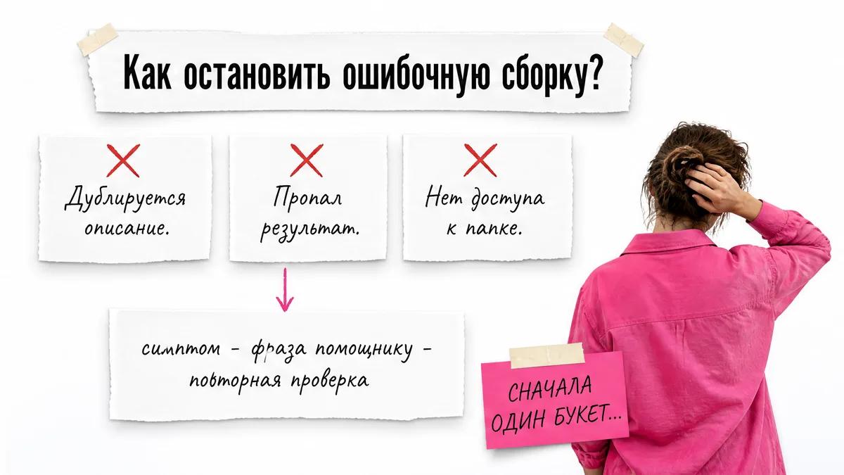 Безликий женский силуэт проверяет список ошибок и готовые файлы описаний.