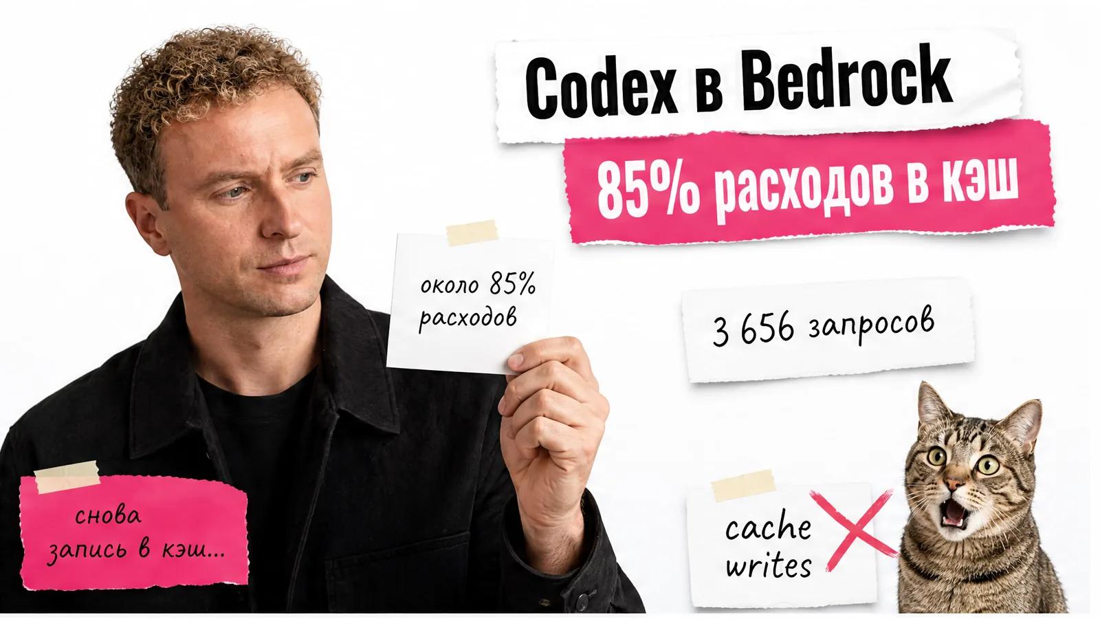 Автор статьи показывает данные о расходах Codex через Bedrock, рядом испуганный кот.