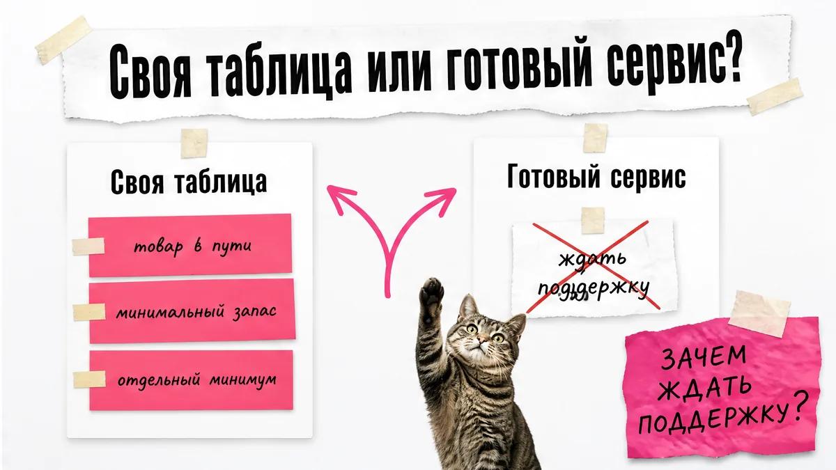 Кот лапой указывает на колонку своей таблицы, рядом показан готовый сервис.