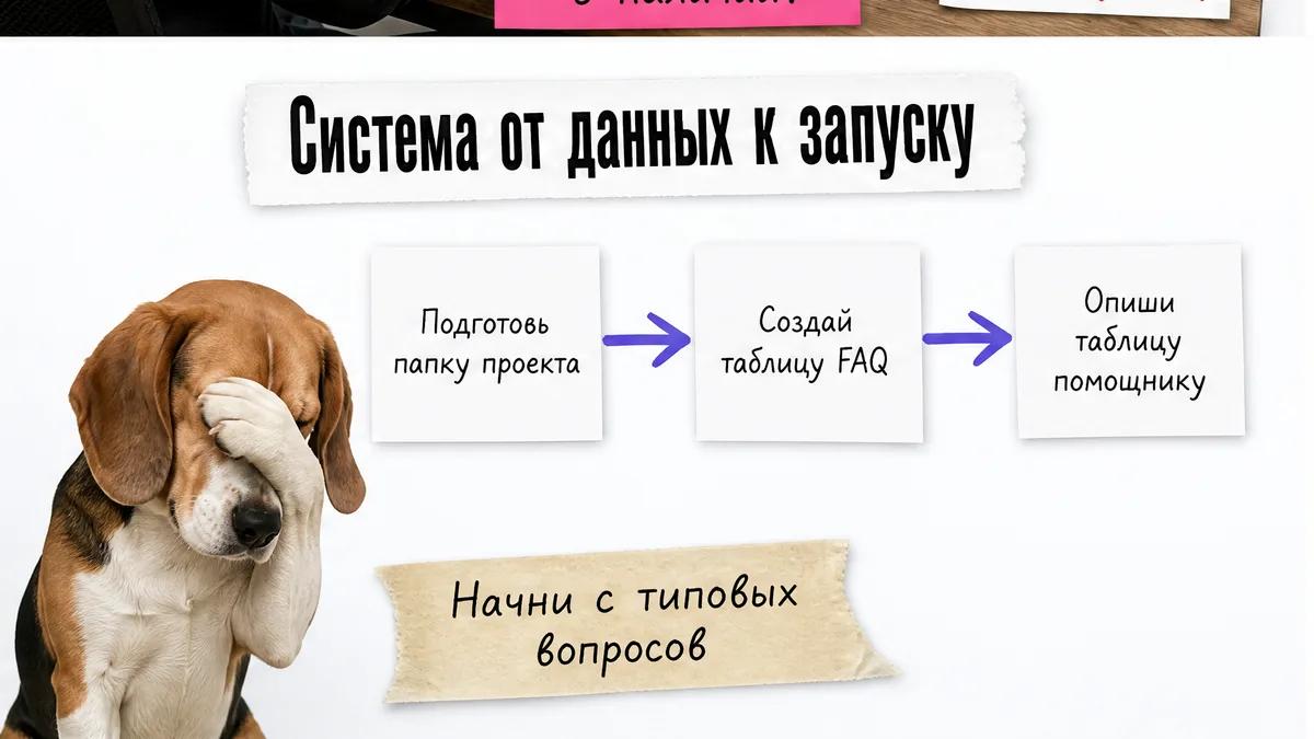Собака смотрит на три шага сборки чат-бота от папки проекта до таблицы FAQ.