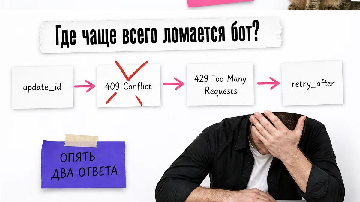 Мужчина прикрывает лицо рядом со схемой сбоев Telegram-бота.