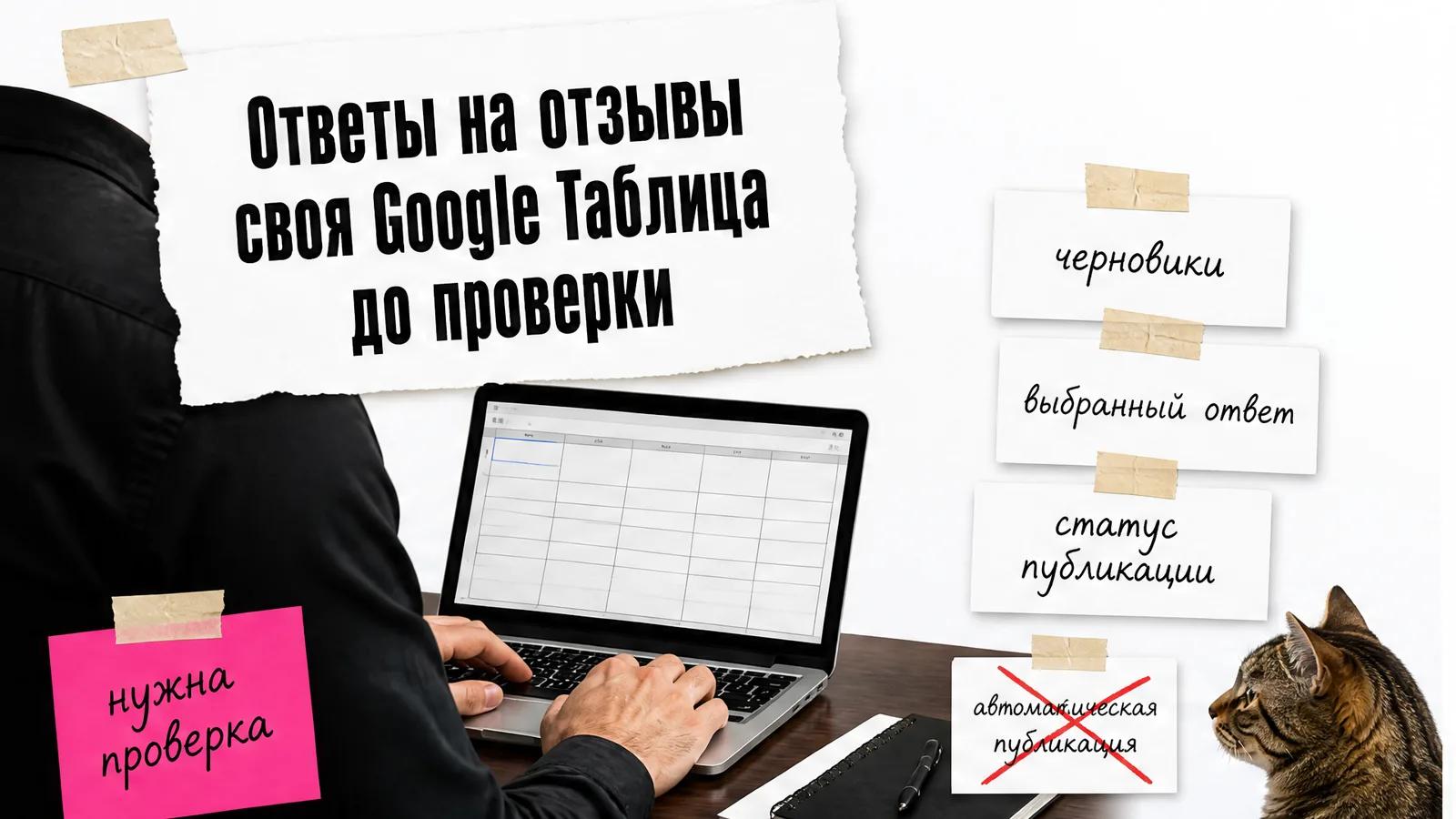 Рабочее место владельца стоматологии с таблицей отзывов и мужскими руками за ноутбуком.