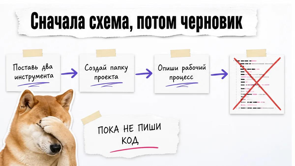 Собака изучает карточки первых шагов настройки папки отзывов.