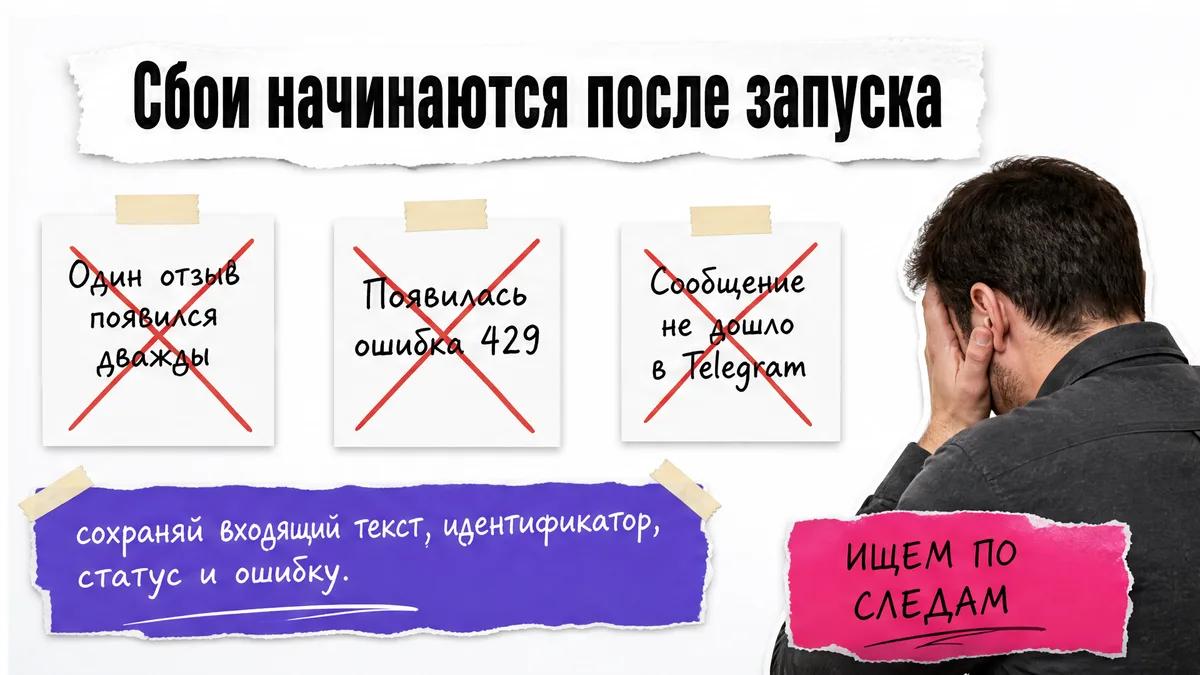 Безымянный мужчина со спины смотрит на три сбоя обработки отзывов, отмеченных крестами.