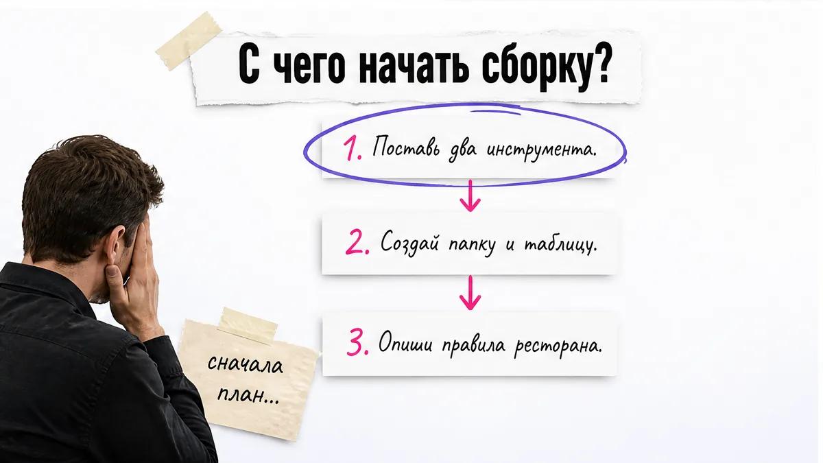 Мужчина закрывает лицо ладонью рядом с тремя первыми шагами сборки папки.