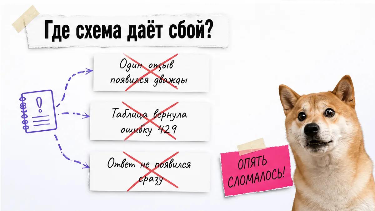 Собака в шоке смотрит на три типичные поломки при обработке отзывов.