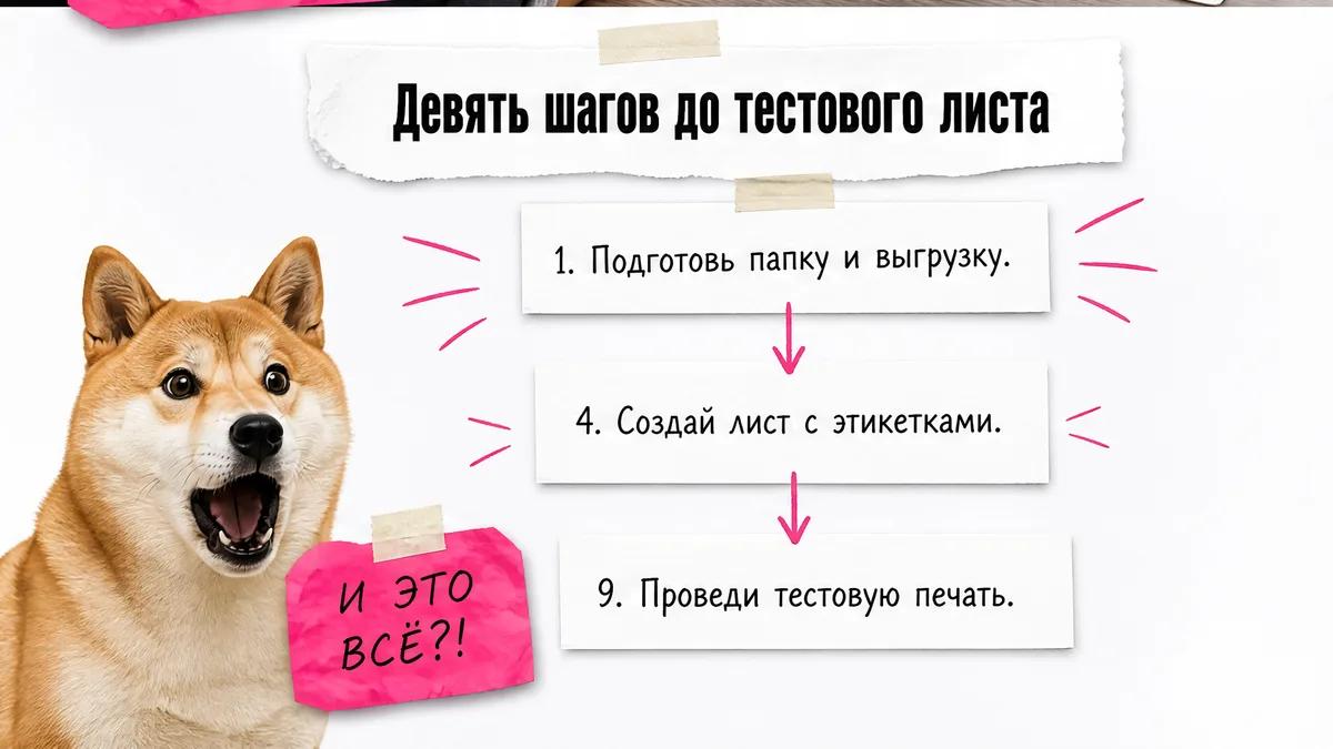 Кот показывает схему из трёх шагов подготовки, создания листа и тестовой печати.