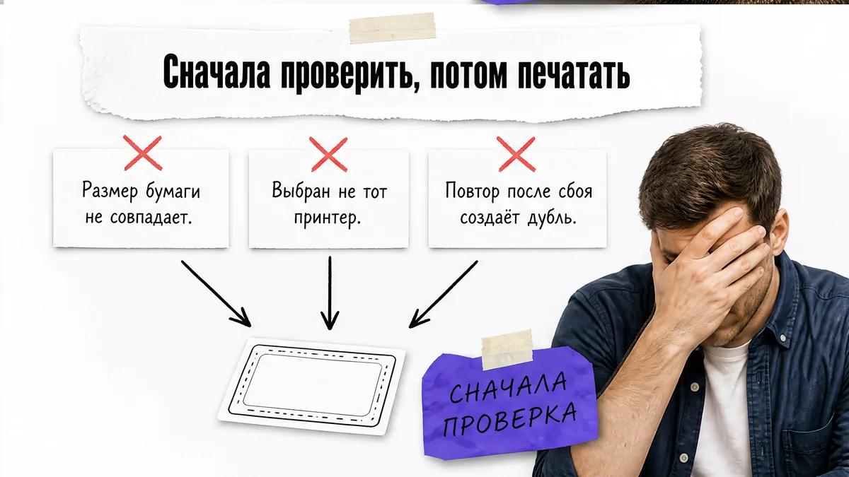 Мужчина закрывает лицо ладонью рядом с предупреждениями о сбоях печати.