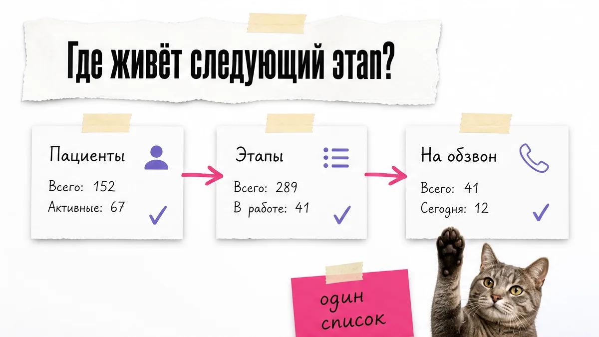Кот показывает лапой на три листа: «Пациенты», «Этапы» и «На обзвон».