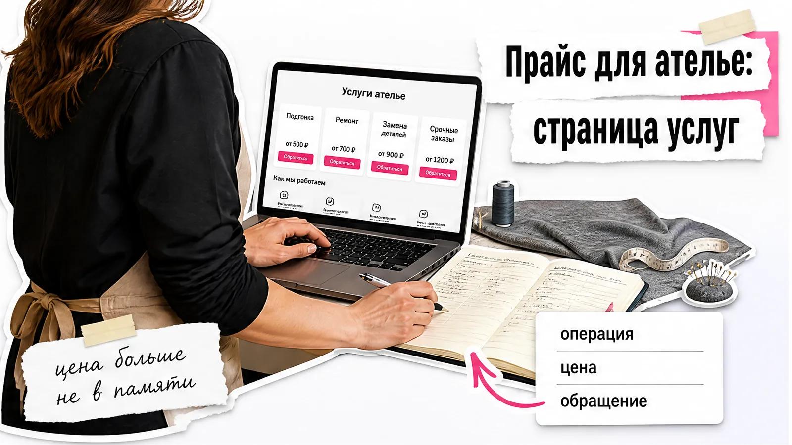 Женщина работает за столом с экраном прайса ателье, её лица не видно.