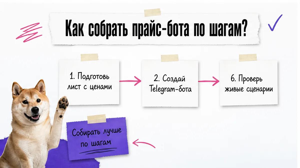 Кот одобрительно показывает лапу рядом с тремя шагами сборки прайс-бота.
