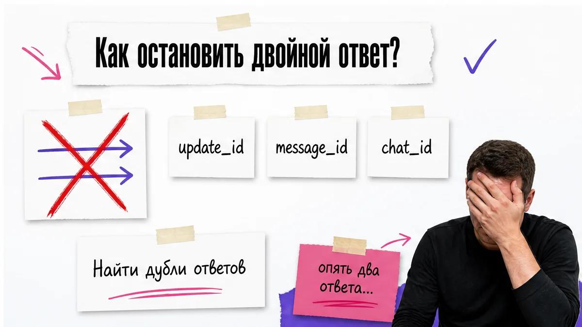 Мужчина закрывает лицо ладонью рядом со схемой защиты от повторных ответов бота.