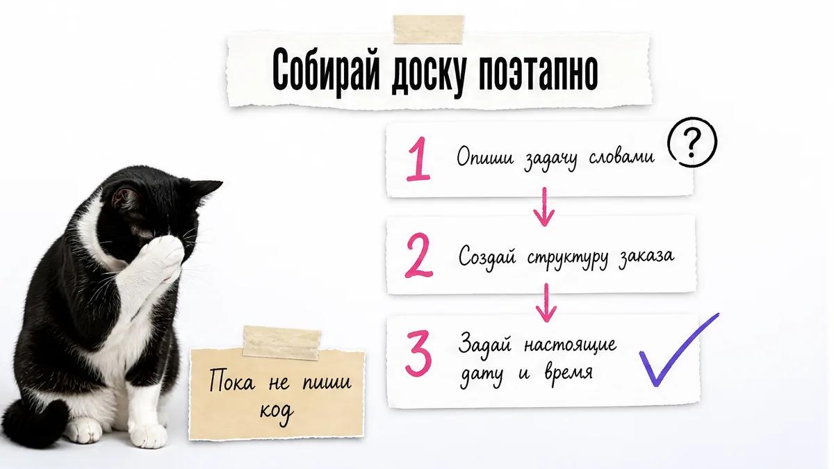 Кот прикрывает морду лапой рядом с тремя первыми шагами сборки доски.