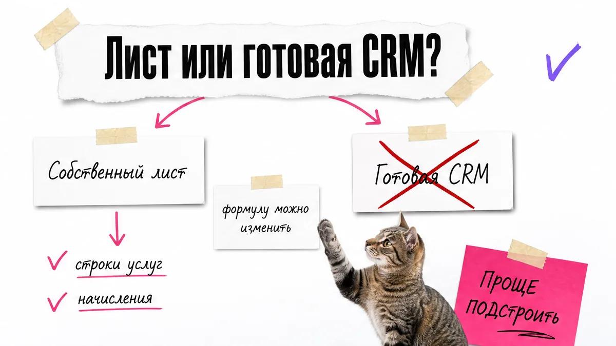 Кот сравнивает собственный расчётный лист с готовой CRM.