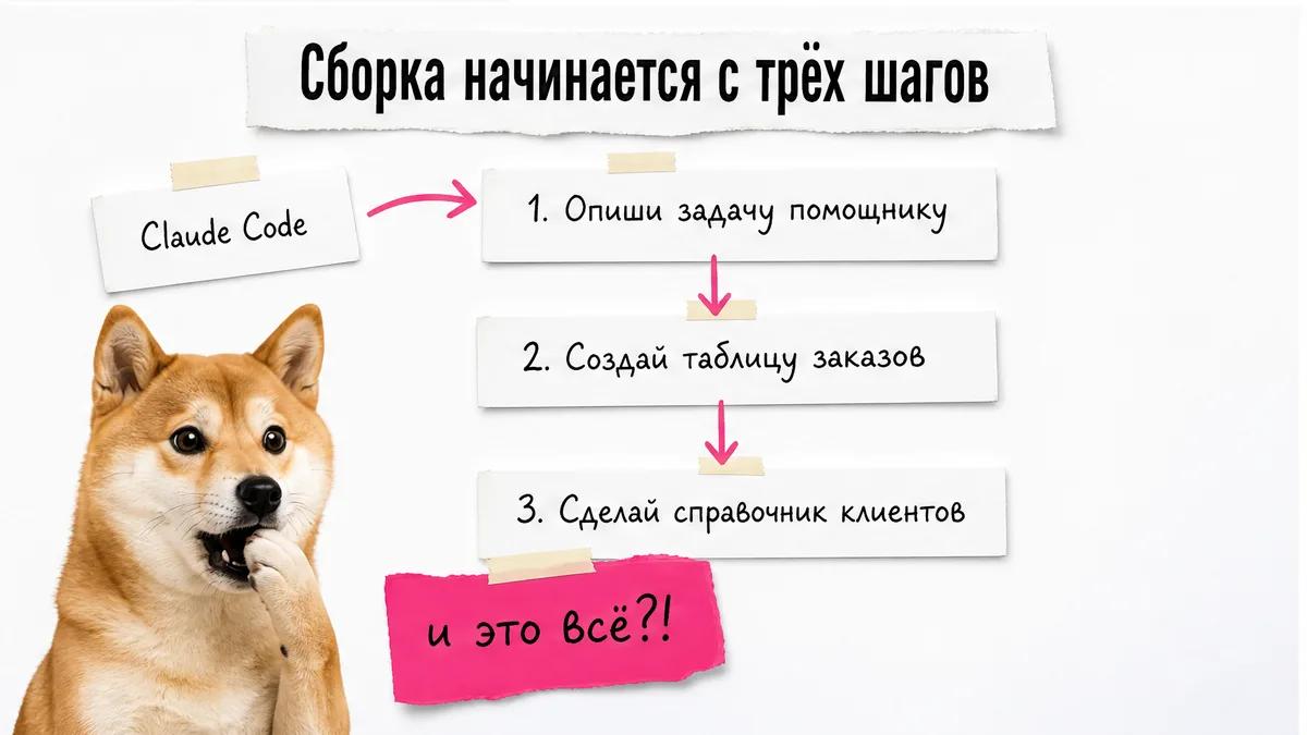 Схема первых трёх шагов сборки книги Excel с удивлённым псом.