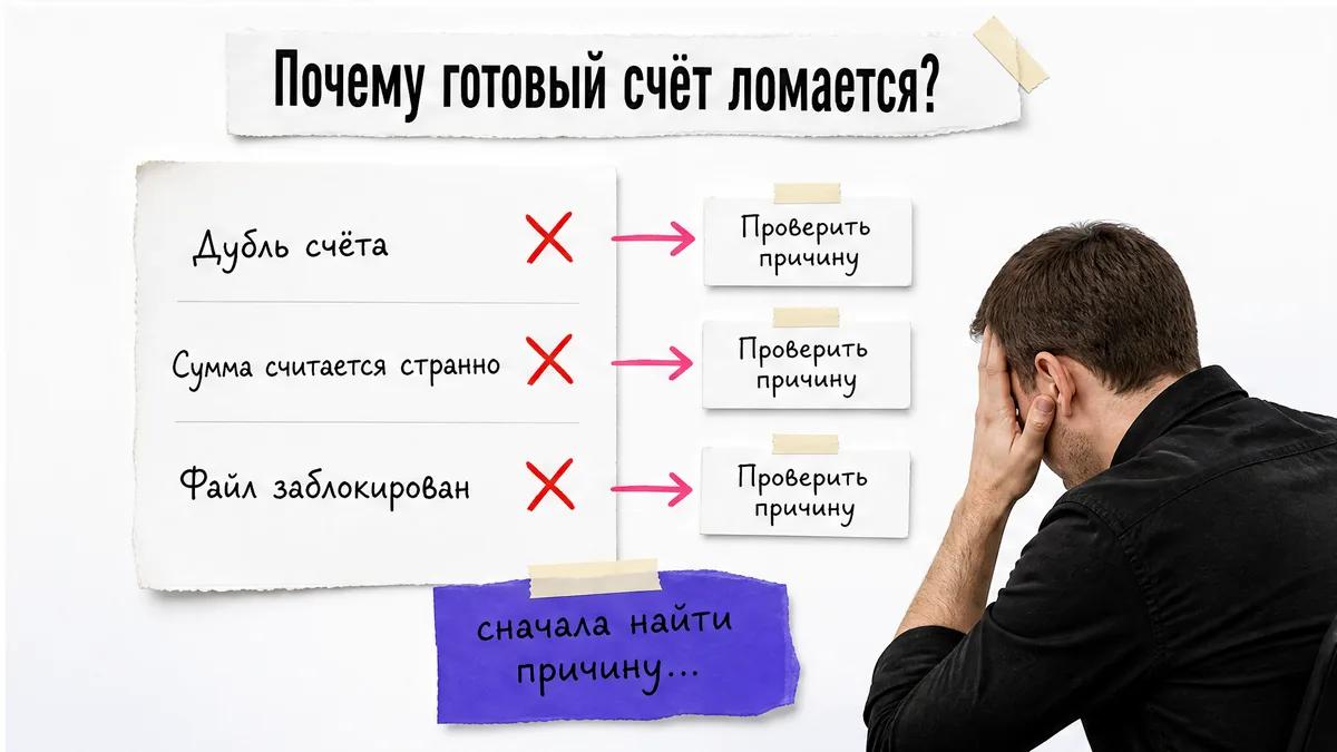 Безымянный мужчина проверяет причины дубля счёта, неверной суммы и блокировки файла.