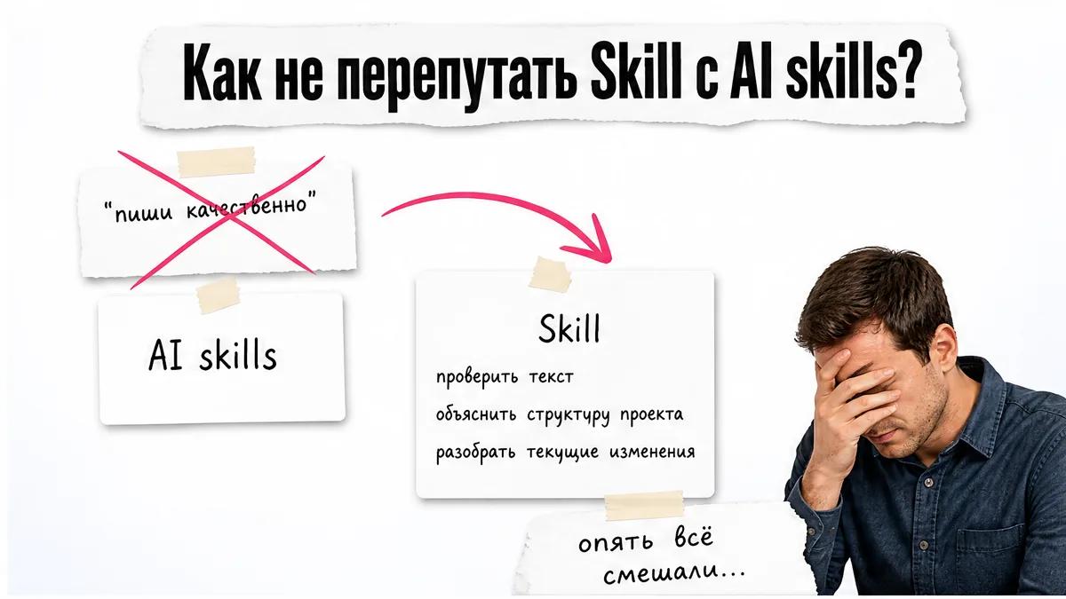Кот фейспалмит рядом с карточками «AI skills» и «Skill».