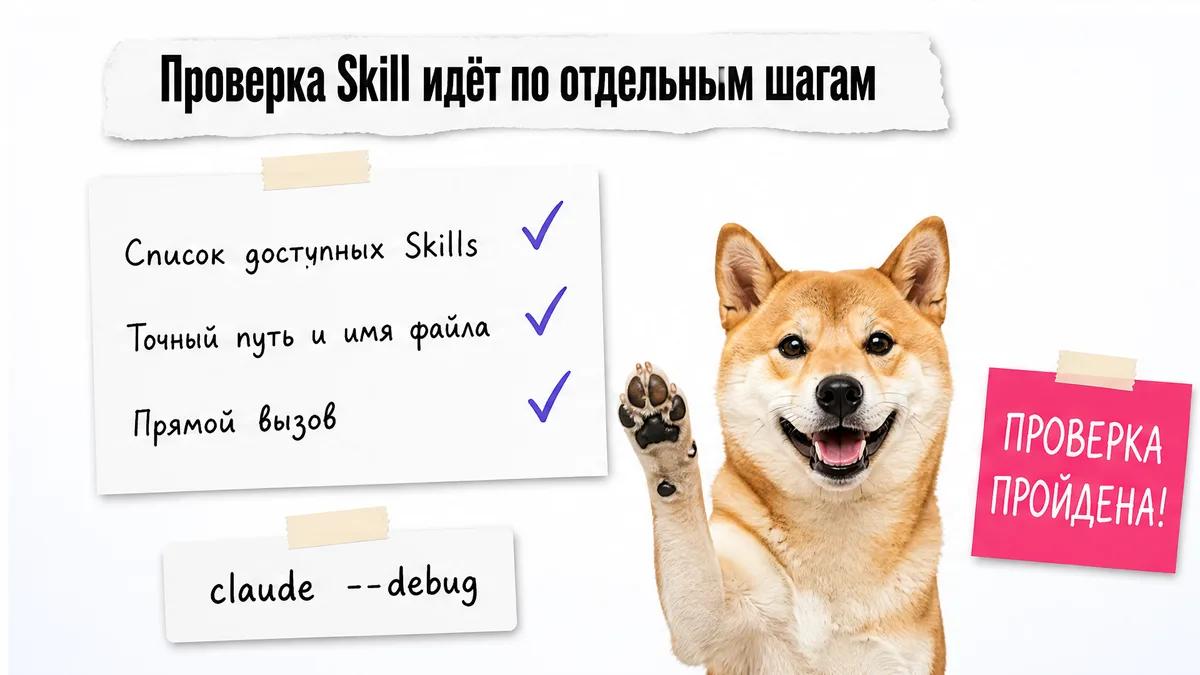 Сиба-ину одобряет чек-лист проверки Skill с фиолетовыми галочками.
