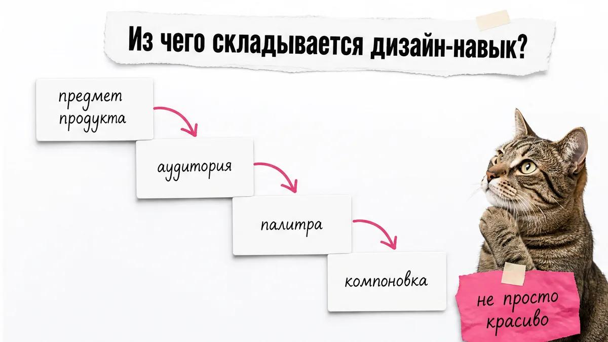 Кот изучает карточки с четырьмя элементами дизайн-навыка.