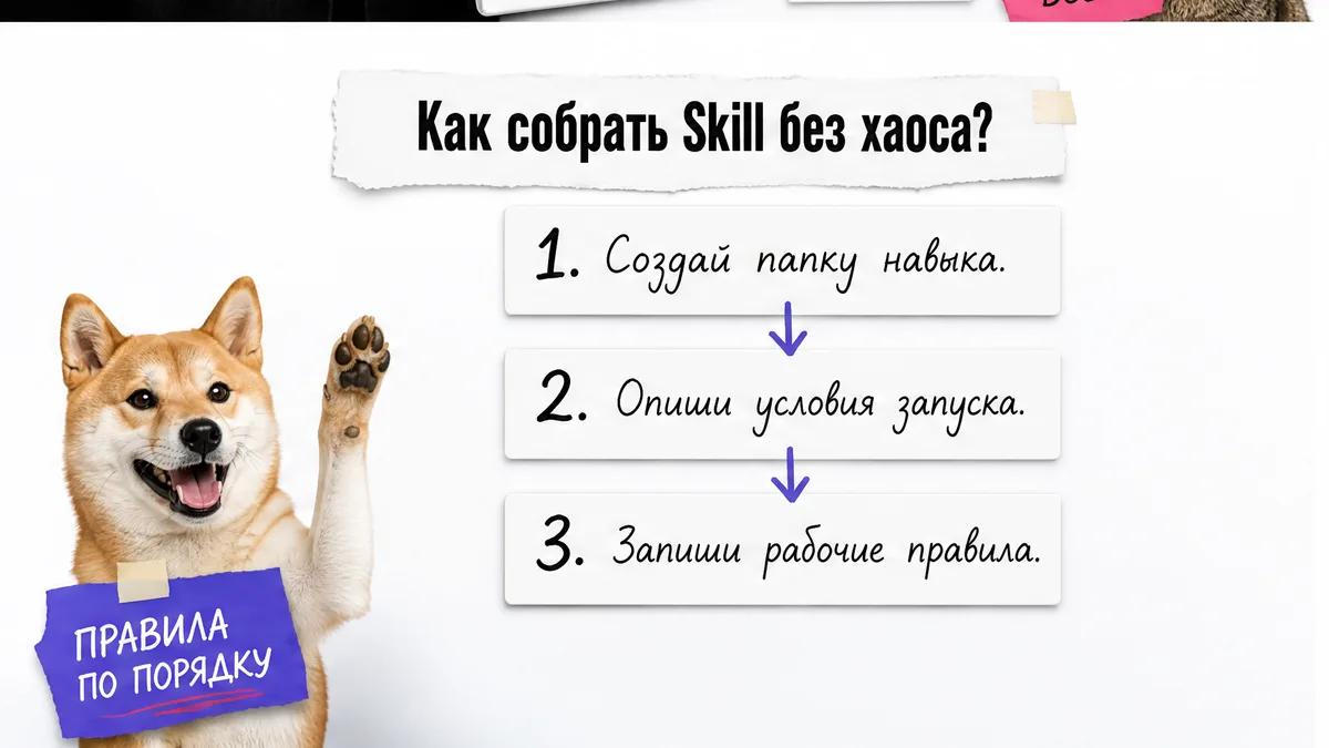 Кот одобрительно смотрит на схему первых трёх шагов создания Skill.