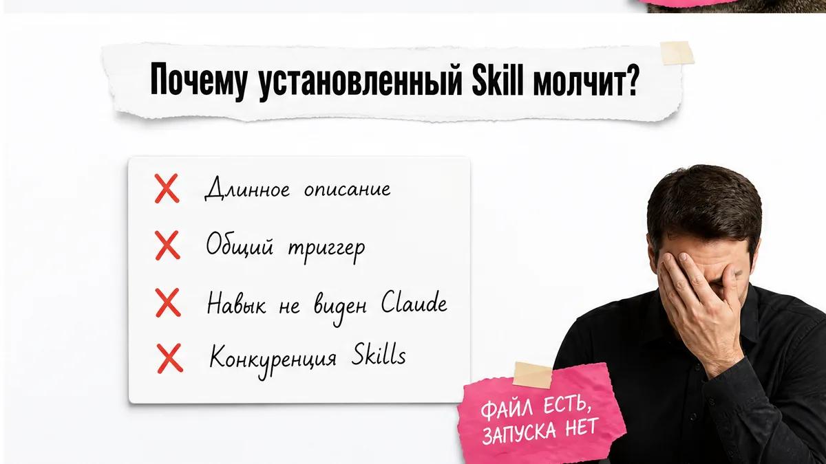 Мужчина закрывает лицо ладонью рядом со списком причин сбоя Skill.