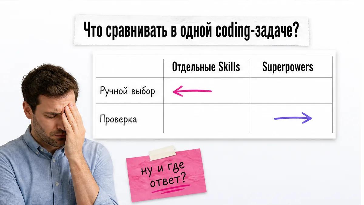 Мужчина закрывает лицо ладонью рядом с таблицей сравнения Skills и Superpowers.