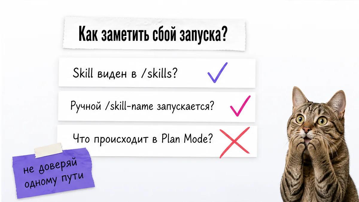 Кот в шоке смотрит на три вопроса о проверке запуска Skills и Plan Mode.