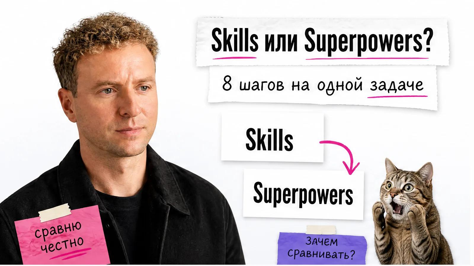 Автор показывает сравнение Skills и Superpowers, рядом удивлённый кот и карточки с восемью шагами.