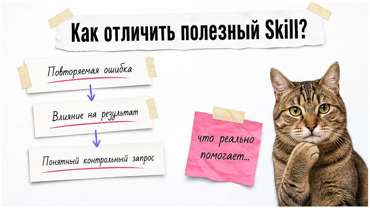 Кот изучает три критерия аудита полезного Skill на карточках.