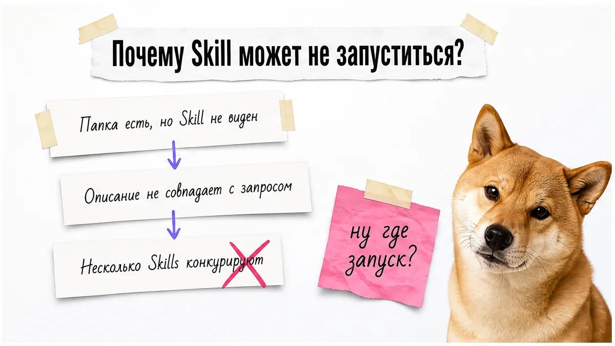 Собака смотрит на карточки с причинами, по которым Skill не запускается.