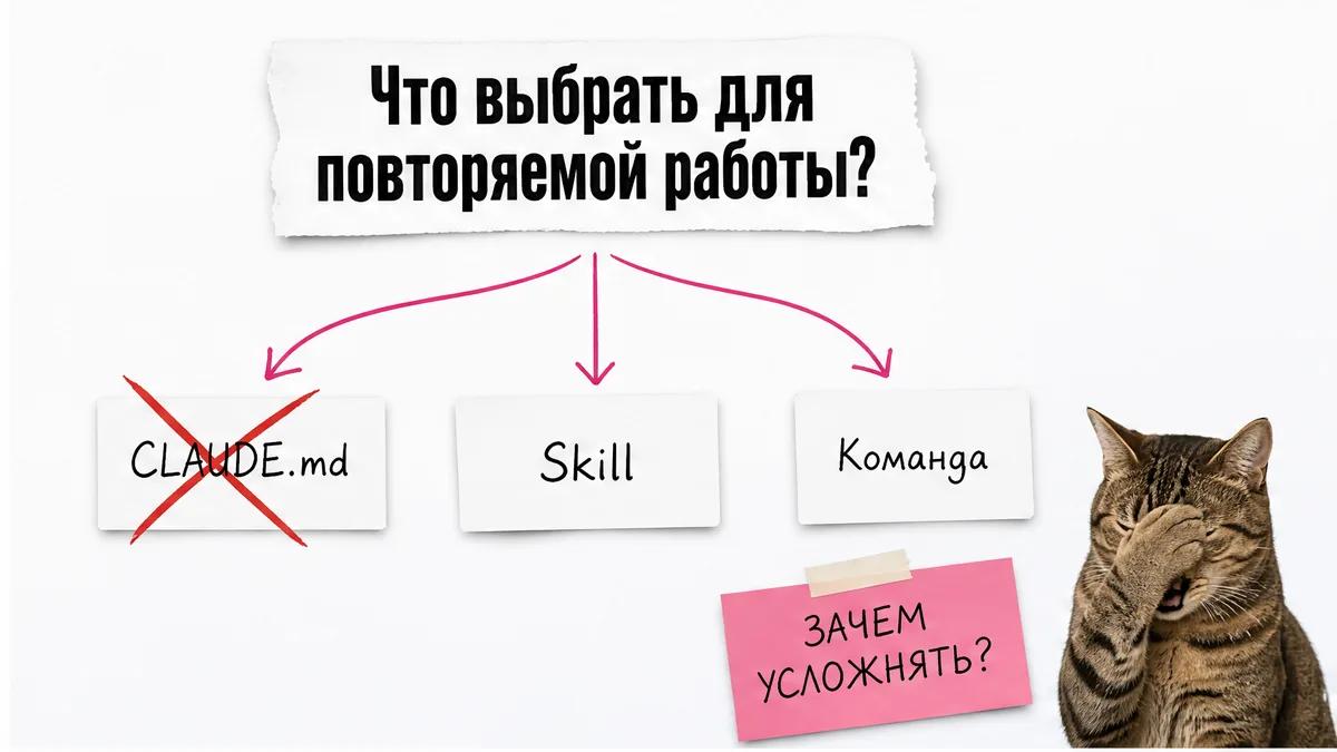 Кот закрывает морду лапой у развилки CLAUDE.md, Skill и Команда.
