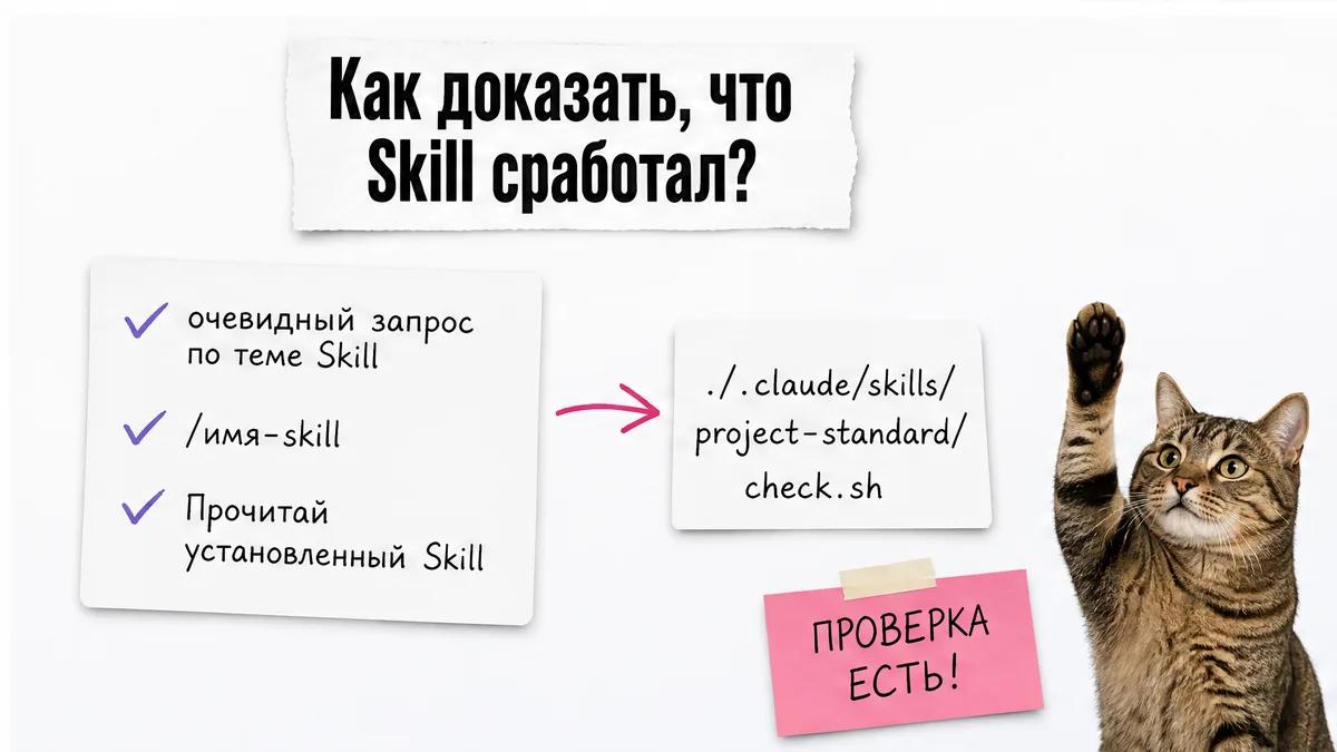 Кот с поднятой лапой стоит рядом с чек-листом проверки Skill.