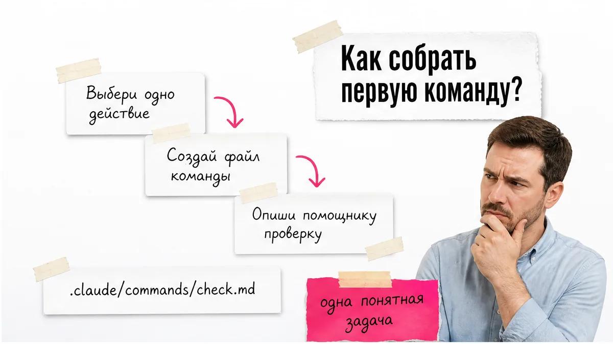 Мужчина с ладонью на лице смотрит на три шага создания команды и путь к файлу.