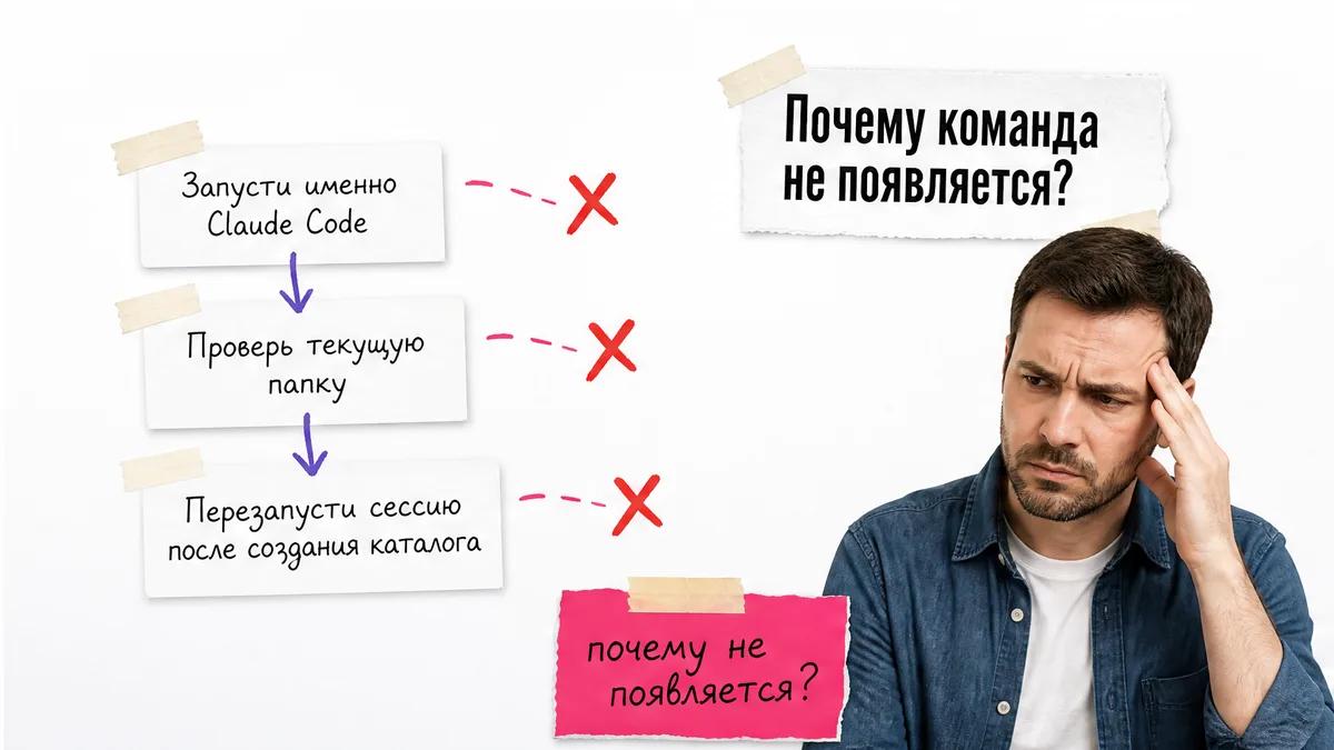Мужчина с тревожным выражением смотрит на три причины, почему команда не появляется. Нап