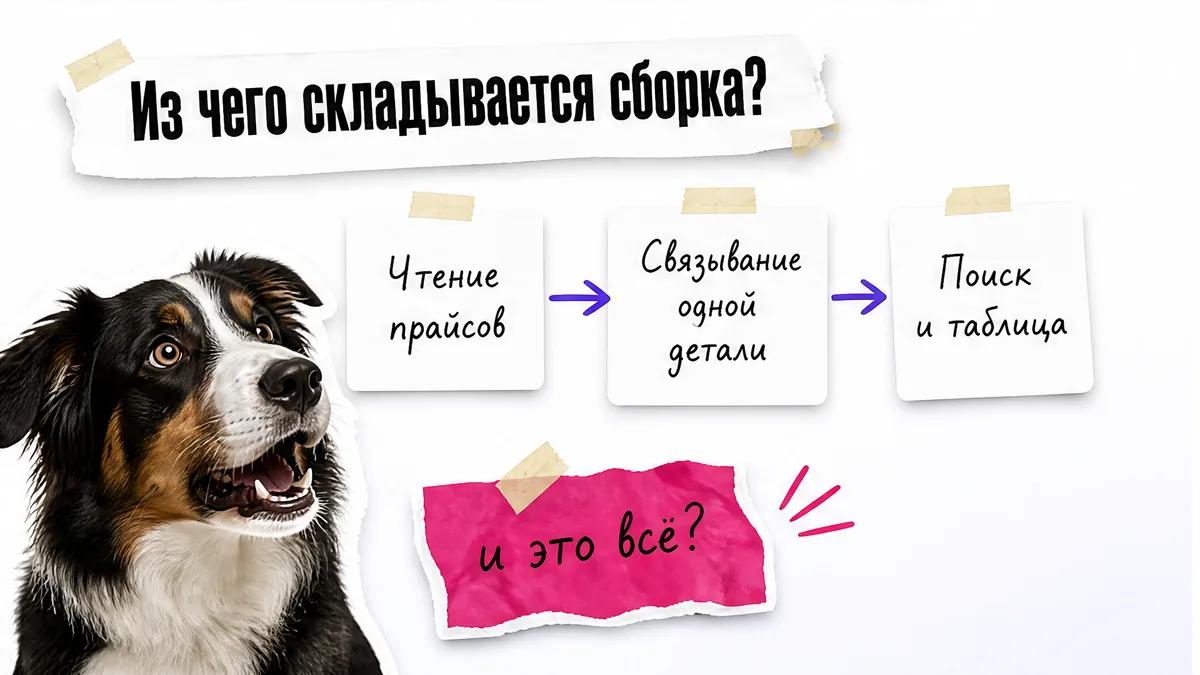 Собака удивлённо смотрит на схему из трёх частей сборки.