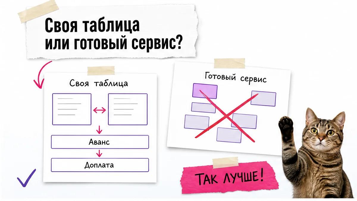 Кот одобряет своя таблицу, где аванс и доплата связаны с заказами.