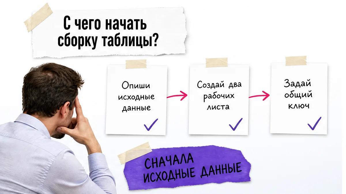 Безымянный мужчина смотрит на схему из трёх первых шагов сборки таблицы.
