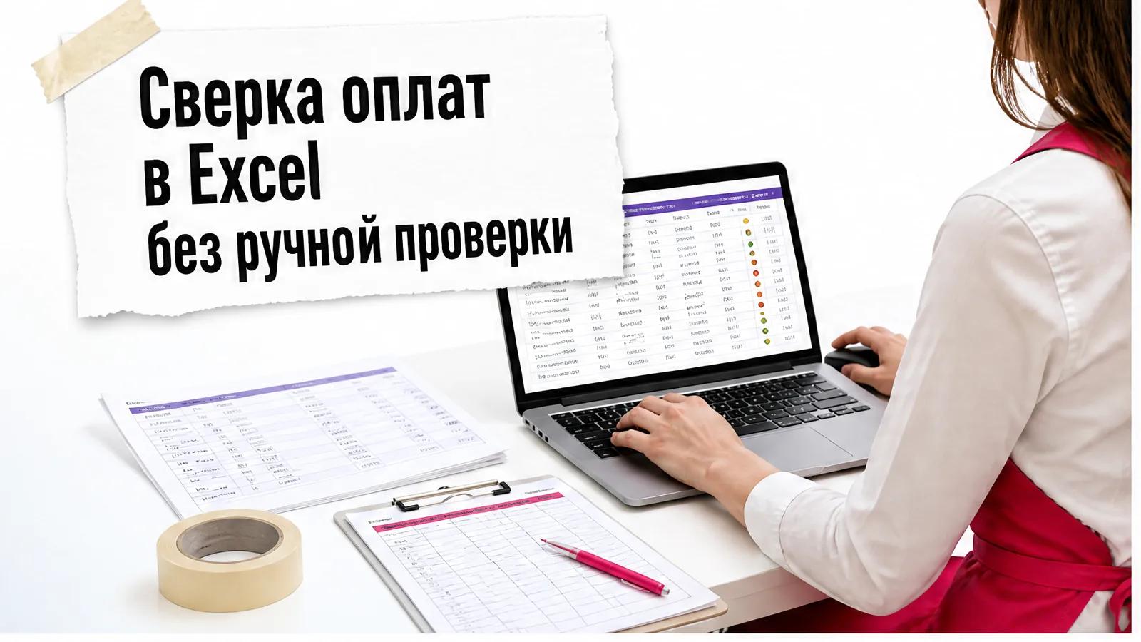 Женщина без видимого лица работает за столом с ноутбуком и таблицей сверки оплат.