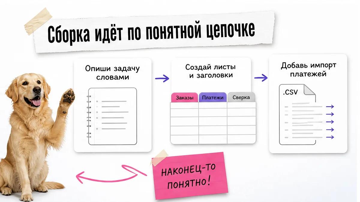 Собака с поднятой лапой смотрит на три карточки с последовательностью сборки таблицы.