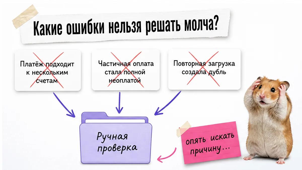 Хомяк внизу схемы тревожно реагирует на три типичные ошибки в платежах.