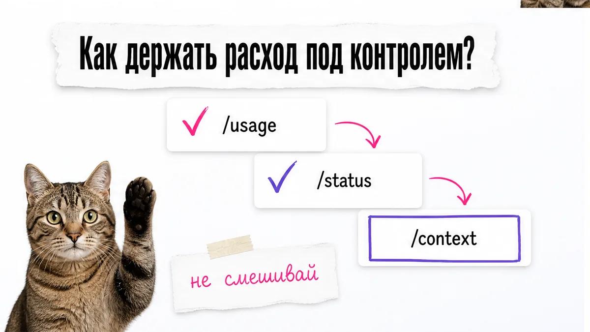 Кот поднимает лапу рядом с карточками команд контроля расхода.