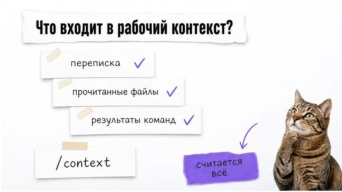 Кот рассматривает карточки с источниками расхода контекста и командой /context.