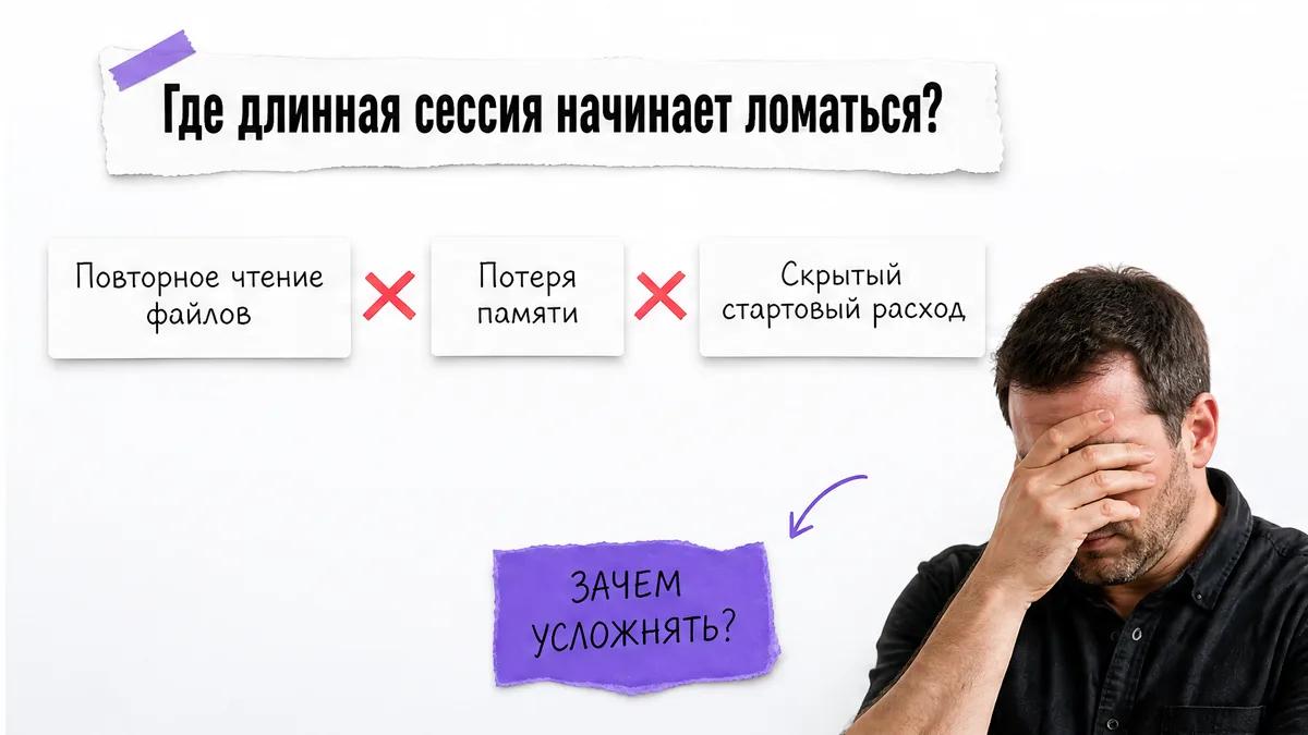 Мужчина закрывает лицо лапонью рядом с карточками о поломках длинной сессии.
