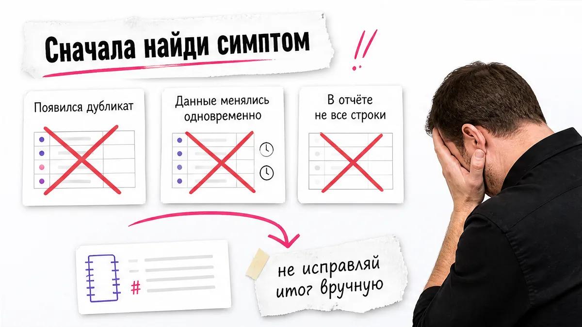 Мужчина закрывает лицо ладонью рядом с карточками причин расхождения суммы.