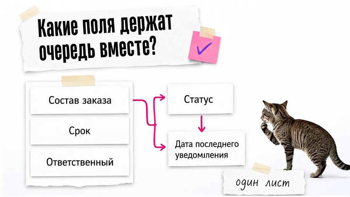 Кот показывает схему журнала с полями заказа и статусом.