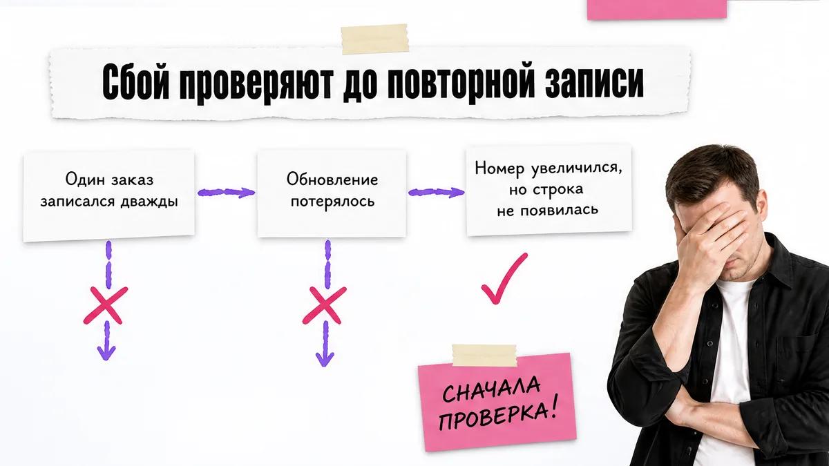 Человек прикрывает лицо рядом с предупреждениями о сбоях заказа.