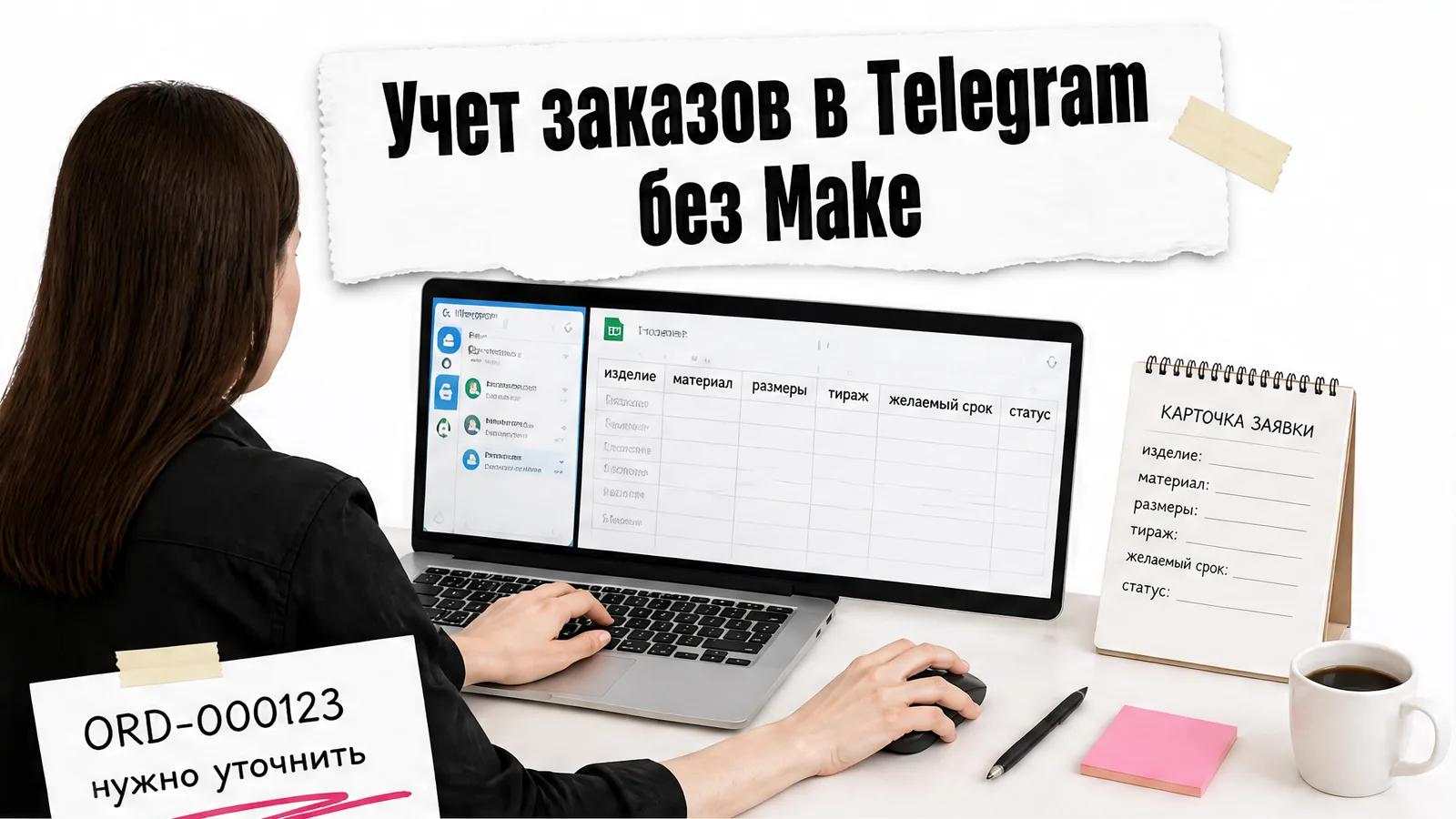 Женщина со спины работает за столом с Telegram и Google Sheets на экране.
